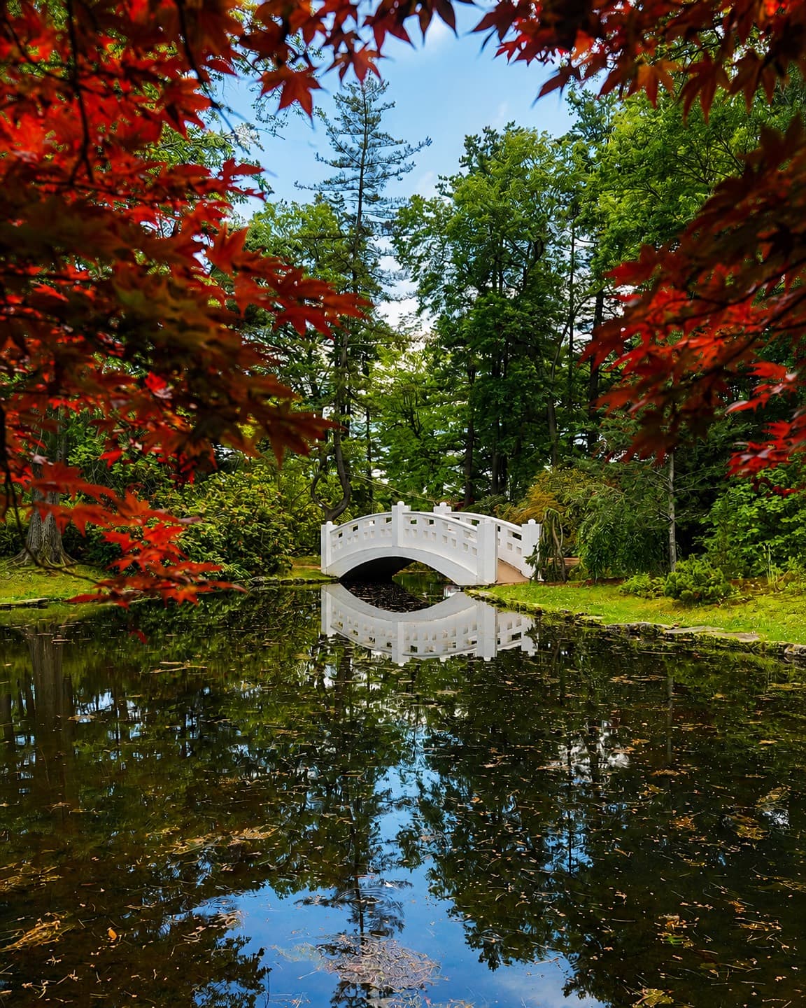 White garden bridge framed by red leaves at a Connecticut attraction